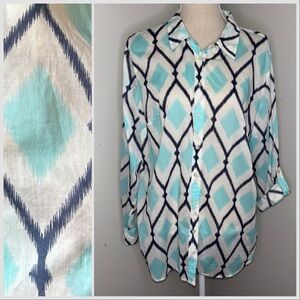 Talbots aqua white navy ikat long sleeve buttondown roll tab sleeves shirt sz XL